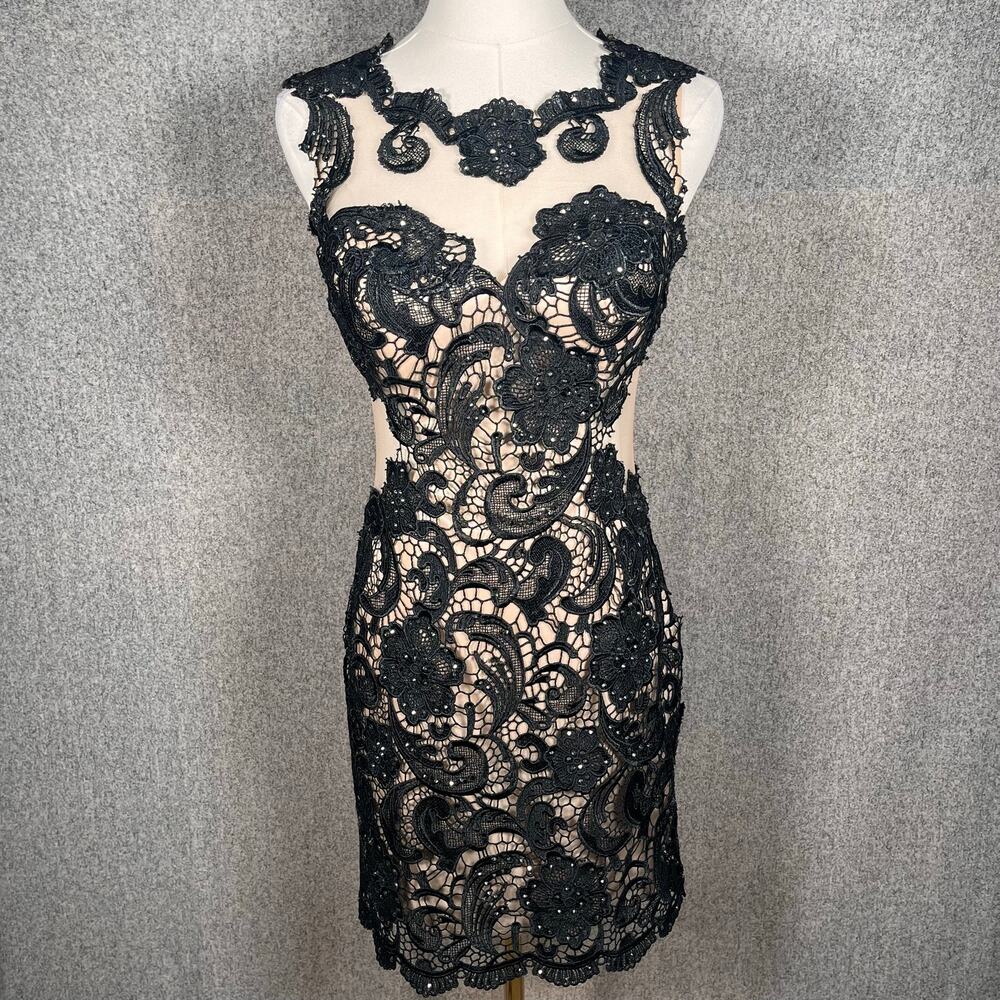 VTG 90s Y2K Whimsygoth Hoco Prom Mini Dress Nude Sheer Black Lace Size 3/4